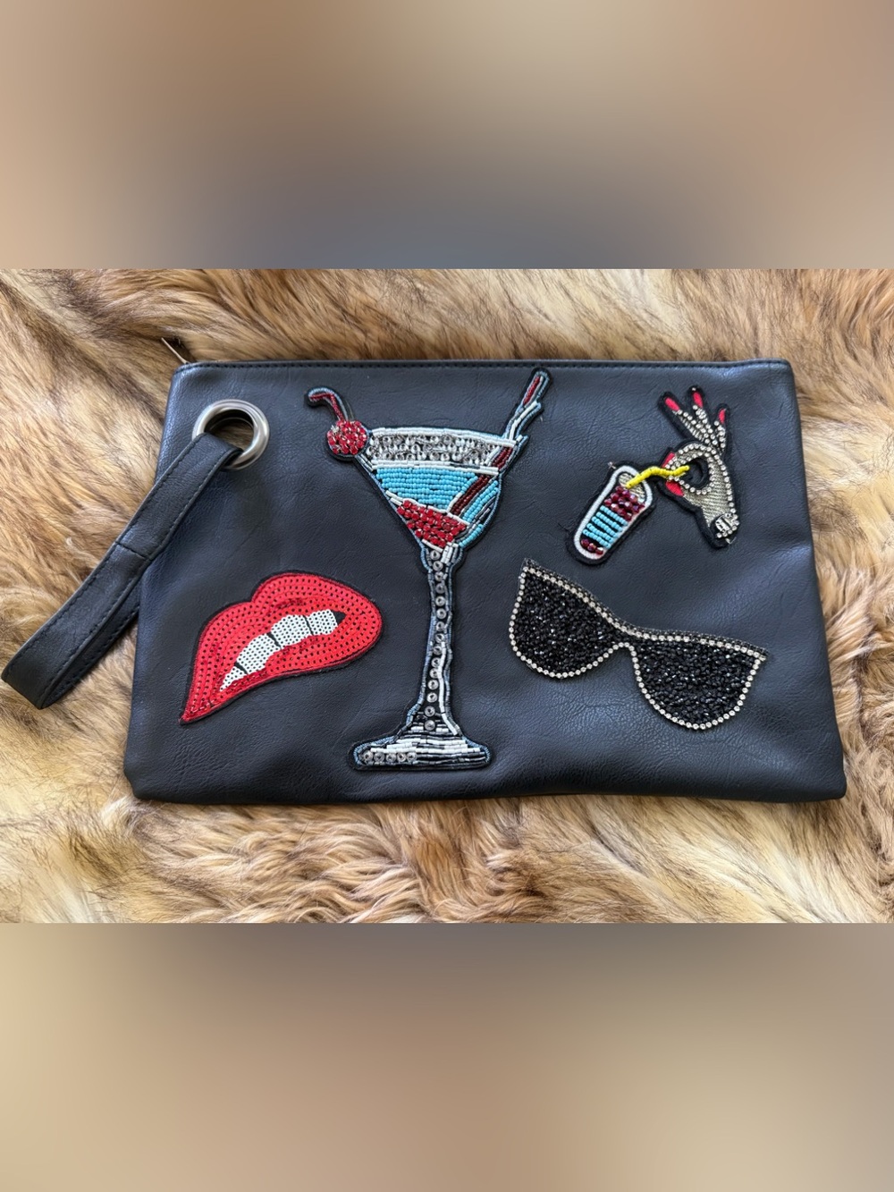Beaded Patch Black Leather Wristlet Bag